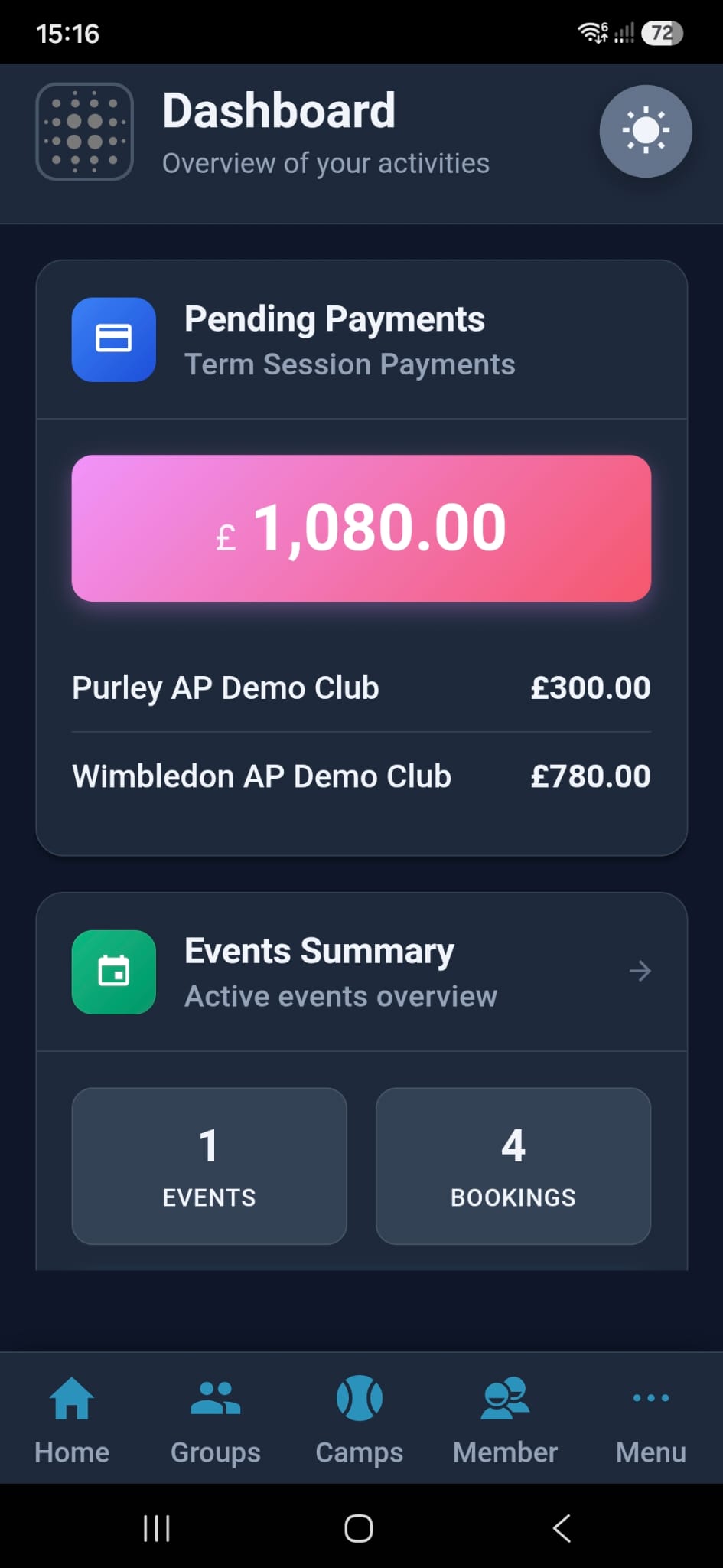 ActivityPro Admin app dashboard showing pending payments and events summary, so club admins can manage everything on the go