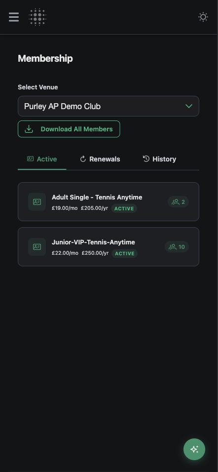 ActivityPro membership screen showing active membership tiers with pricing and member counts
