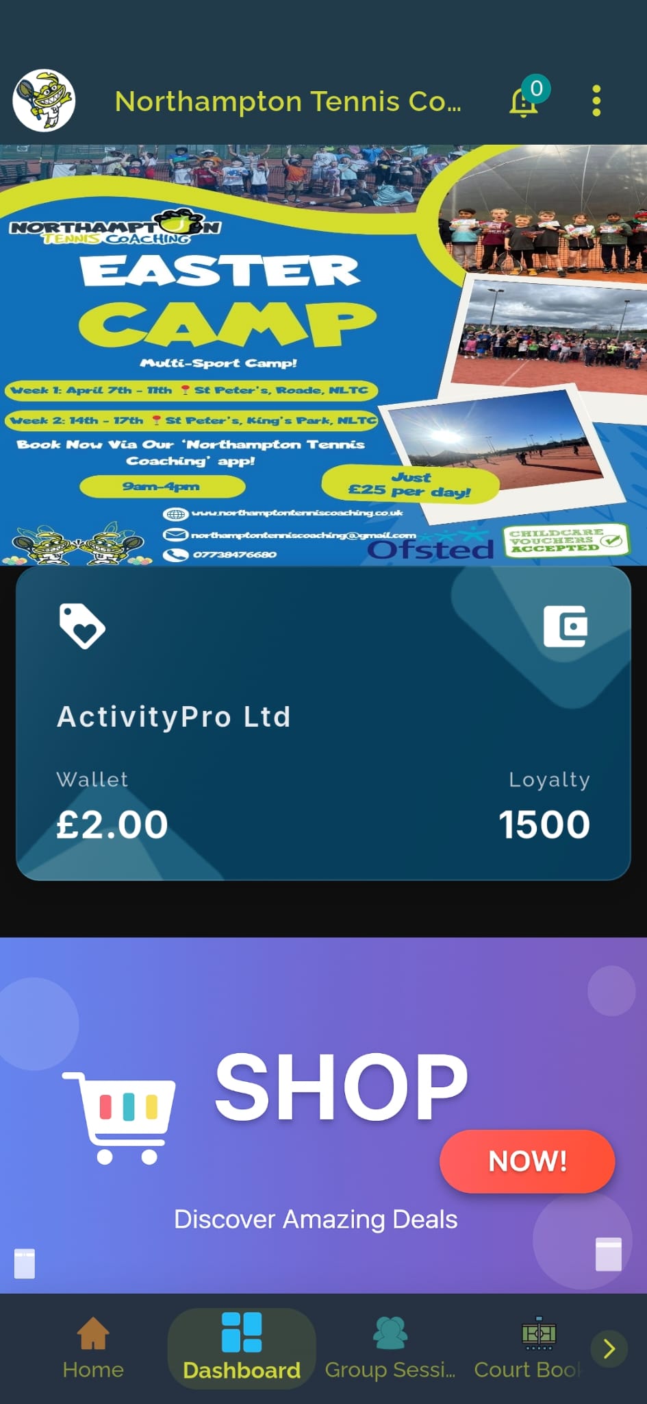 A club's branded home screen inside the ActivityBuddy member app, showing the club's own logo, promotions, wallet, and shop