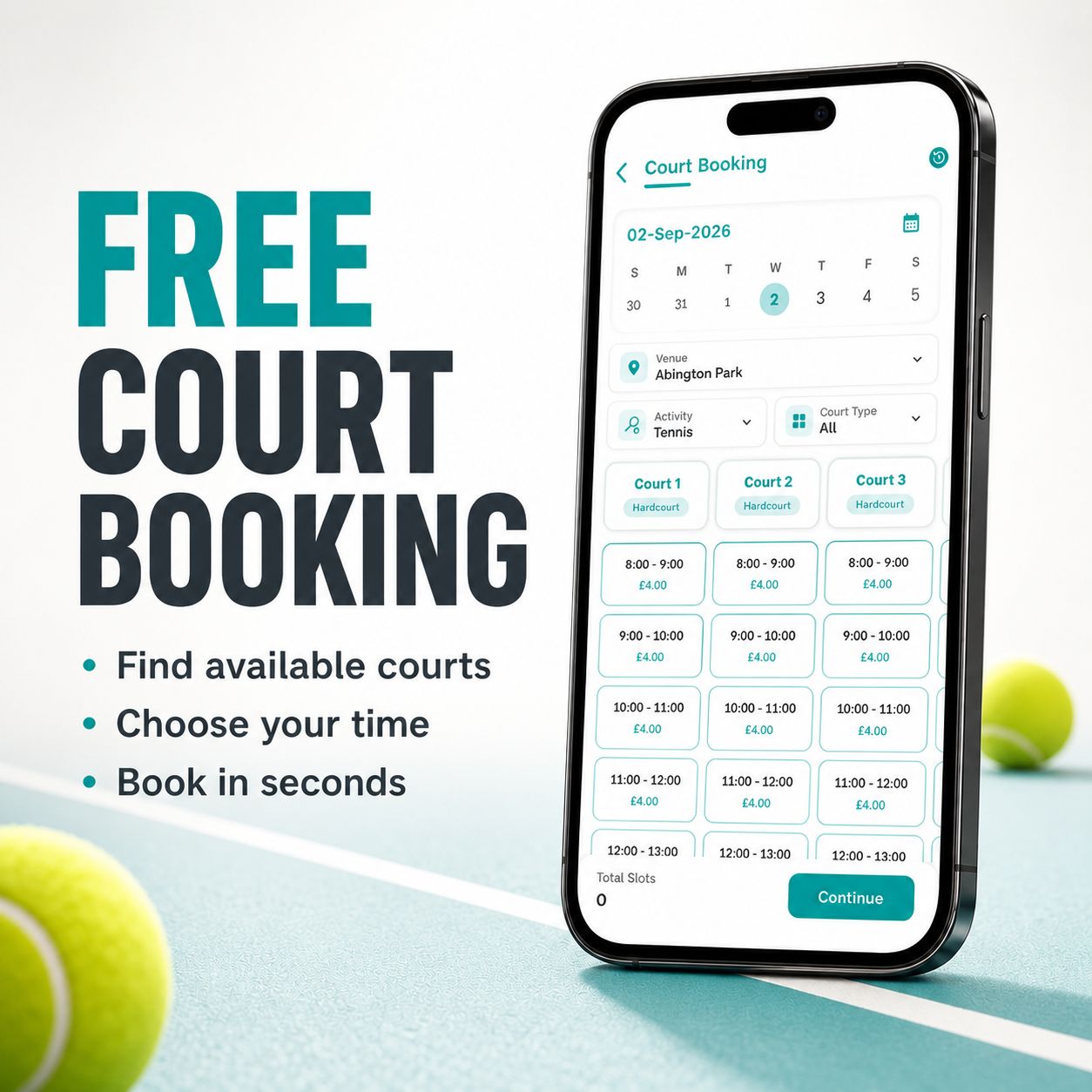 Free court booking screen in the ActivityPro app showing available courts and time slots