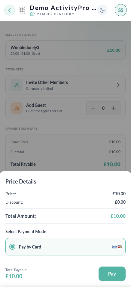 ActivityPro payment screen showing a court booking checkout with card payment and secure total payable